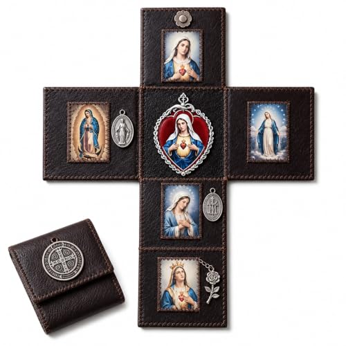 Brown Hand Sewn Leather Catholic Pocket Shrine Portable Mini Prayer Altar with Sacred Art & Medals