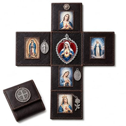 Brown Hand Sewn Leather Catholic Pocket Shrine Portable Mini Prayer Altar with Sacred Art & Medals