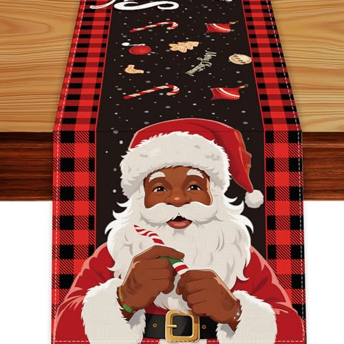 Christmas Table Runner Santa Claus-02 Red & Black Buffalo Plaid 13x72 Inches