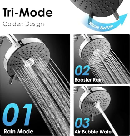 High Pressure Shower Head with 3 Spray Modes, Water Saving Chrome, Universal G1/2" & Self-Cleaning Nozzles