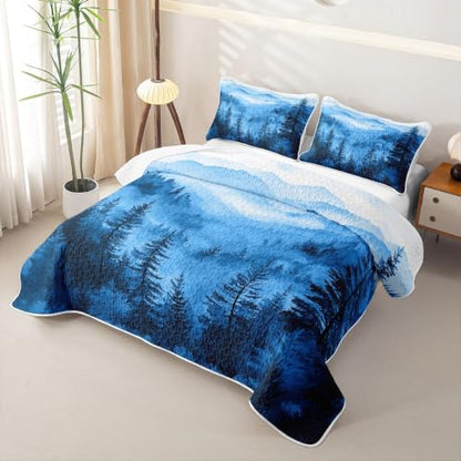 Blue Smoky Mountain Quilted Bedspread Set - Misty Pine, King Size