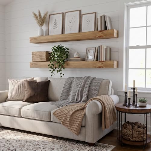 48-Inch Rustic Solid Wood Floating Shelves Set of 2, Heavy Duty Wall Storage