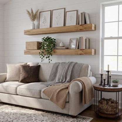 48-Inch Rustic Solid Wood Floating Shelves Set of 2, Heavy Duty Wall Storage