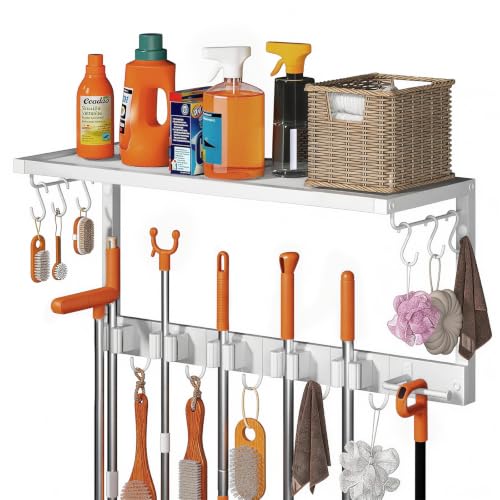 White Wall Mount Broom Holder with Shelf and Hooks - Heavy Duty Garage Organizer