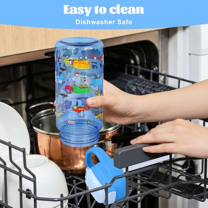 Kids Water Bottle with Straw 16.2oz BPA-Free Tritan Plastic - Blue Car & Green Dinosaur 2 Pack