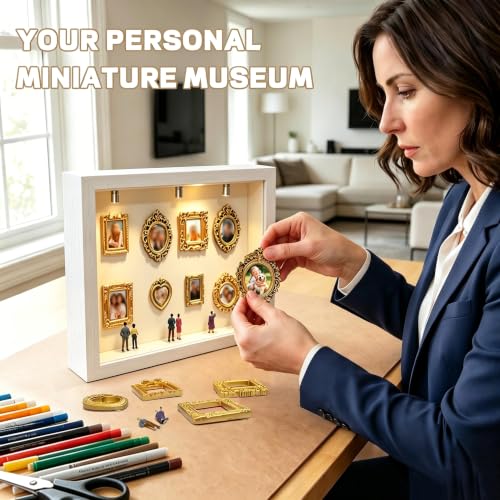 Mini Museum Shadow Box Frame Set with 8 Mini Gold Frames & LED Lights - White