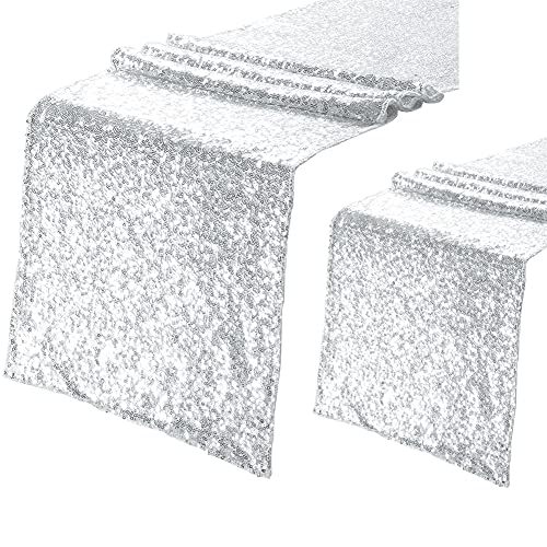 Eternal Beauty Silver Sequin Table Runner 12x72 Inch 2PCS - Elegant Party Decor