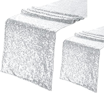 Eternal Beauty Silver Sequin Table Runner 12x72 Inch 2PCS - Elegant Party Decor