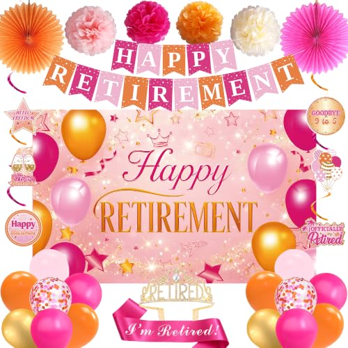 Holkcog Pink Orange Retirement Party Decorations Set - Banner, Balloons, Fans
