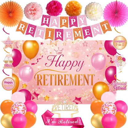 Holkcog Pink Orange Retirement Party Decorations Set - Banner, Balloons, Fans