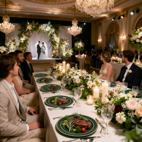 Green Plastic Party Plates Set for 50 Guests - Gold & Rolled Napkins, Disposable Dinnerware