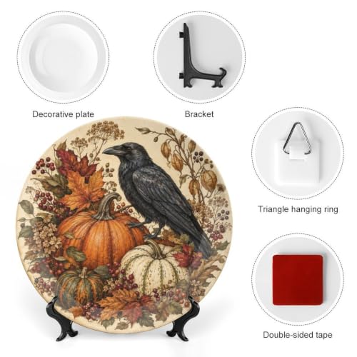 Halloween Decorative Plates Autumn Crow & Pumpkin 8 Inch - Bone China Wall & Table Decor