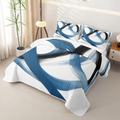 Navy Blue Twin Quilt Set Geometric Minimalist Lines Bedspread for Kids Teens
