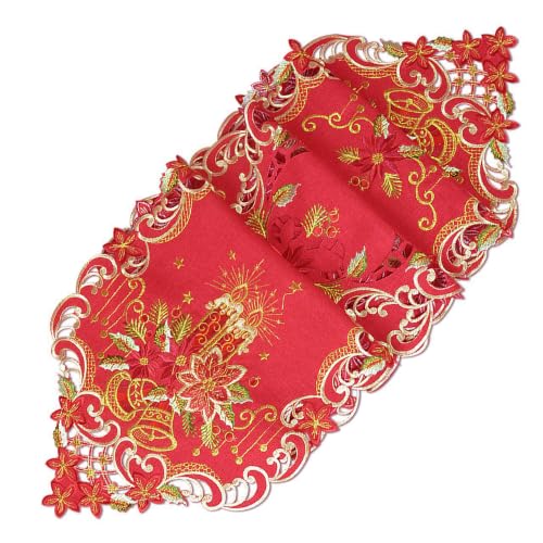 Christmas Table Runner 14x54 Inches - Embroidered Poinsettia & Scalloped Border in Red