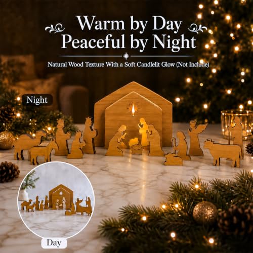 Hawkrown Nativity Set 16-Piece Indoor Wooden Manger Scene - Bronze Variation