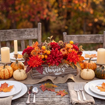 Fall Floral Centerpiece with Rustic Wooden Planter for Thanksgiving & Holiday Decor