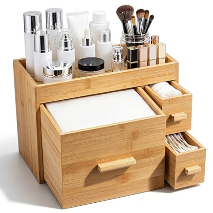 Disposable Face Towel Holder with 3 Drawers - Natural Bamboo Storage Organizer