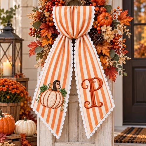 Personalized Fall Wreath Sash with Pumpkin & Monogram New2 - Autumn Front Door Decor