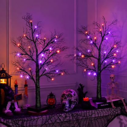 Halloween Lighted Black Tree Set A - 2 Pack 24 Inch Spooky Indoor Decorations with Orange & Purple Lights