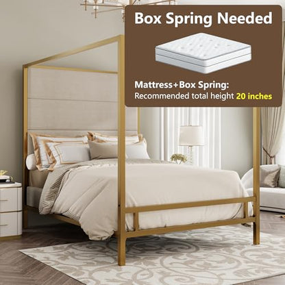 King Canopy Bed with Tall Linen Headboard and Gold Metal Frame - Tan & Gold, King Size