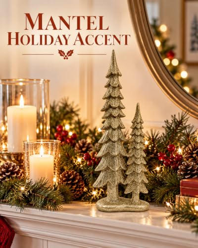 Set of 2 Gold Resin Christmas Tree Decorations - 12.75 Inch Holiday Figurines