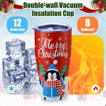 Penguin Christmas Tumblers Set - 20oz Insulated Travel Mugs with Lids & Straws