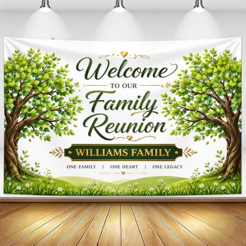 Personalized Family Reunion Banner Backdrop Style 12 Blue Watercolor Pine Forest Custom Name