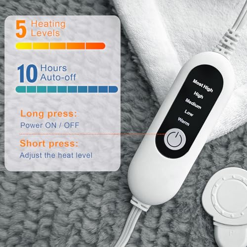 Gray Heated Blanket Electric Throw with 5 Heat Settings, 10H Auto-Off, 50x60 Fleece
