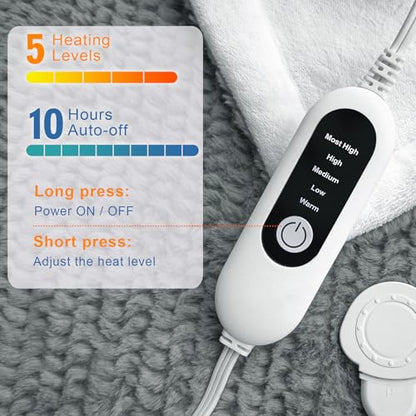 Gray Heated Blanket Electric Throw with 5 Heat Settings, 10H Auto-Off, 50x60 Fleece