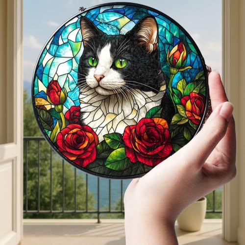 Black and White Cat Stained Glass Panel - Artistic Window Decor for Cat Lovers
