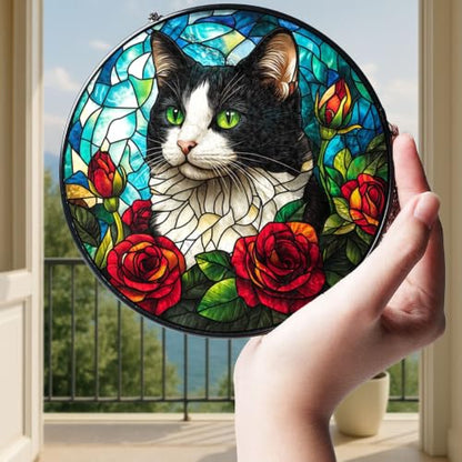 Black and White Cat Stained Glass Panel - Artistic Window Decor for Cat Lovers