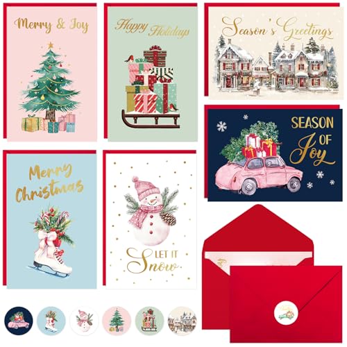 Christmas Cards Set with Envelopes & Stickers - 36 Pack Holiday Greeting Cards, 6 Designs - Christmas Card Variation