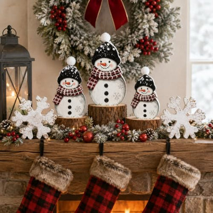 Snowman Christmas Table Decor Set - 5 Pcs Wooden Holiday Figurines with Snowflakes - Black, White, Red / Sweet Variation