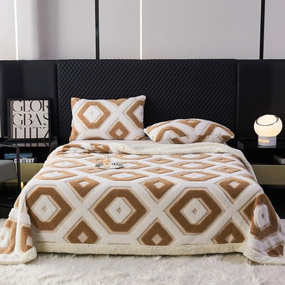 LEVINIS Boho Sherpa Fleece Blanket 80x90 Inch - Camel, Reversible Cozy Throw