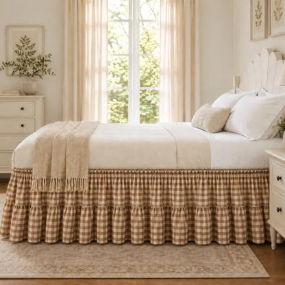 Brown and White Gingham Bed Skirt with Ruffles, 16-Inch Drop