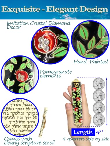 Enamel Mezuzah with Scroll for Door - Black with Pomegranates, 4 Inches