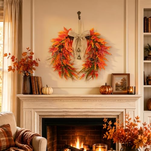 Fall Maple Leaves Wreath with Pinecones and Berries - Autumn Front Door Decor - Maple Leaves Variation