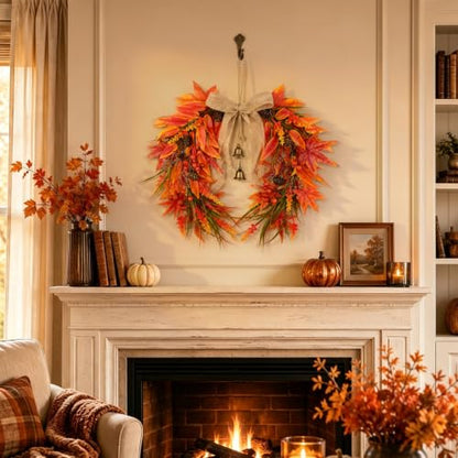 Fall Maple Leaves Wreath with Pinecones and Berries - Autumn Front Door Decor - Maple Leaves Variation