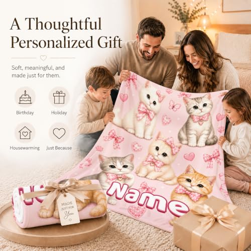 Personalized Girls Cat Blanket Pink Bow - Custom Kids Throw