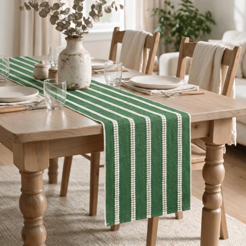 Green Farmhouse Dashed Stripe Table Runner 12x36 Inch - Holiday Christmas Decor