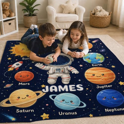 Custom Boys Planet Blanket - White Personalized Flannel Throw for Kids & Teens