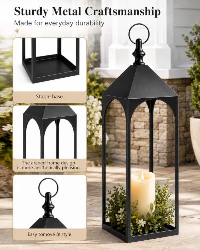 Large Outdoor Floor Lantern Set of 3 - Black Metal Garden Lanterns for Porch & Patio