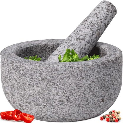 Heavy Duty Small Mortar and Pestle Set, Hand Carved from Natural Granite, Make Fresh Guacamole, Salsa, Pesto, Stone Grinder Bowl, Herb Crusher, Spice Grinder, 5.5" wide, 1.5 Cup, Grey