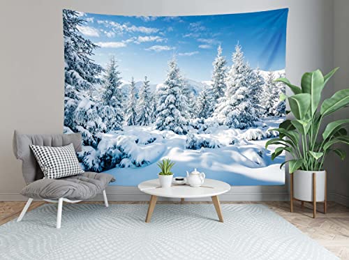 Winter Snow Forest Tapestry - 236 x 118 inches Snowy Mountain Landscape Wall Hanging for Home Decor