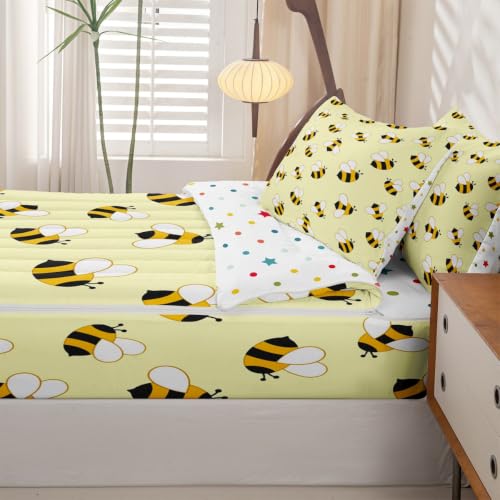 Castle Fairy Baby Twin Bedding Set with Honey Bee Comforter and Zipper Fitted Sheet - Yellow, Kids Bed in a Bag