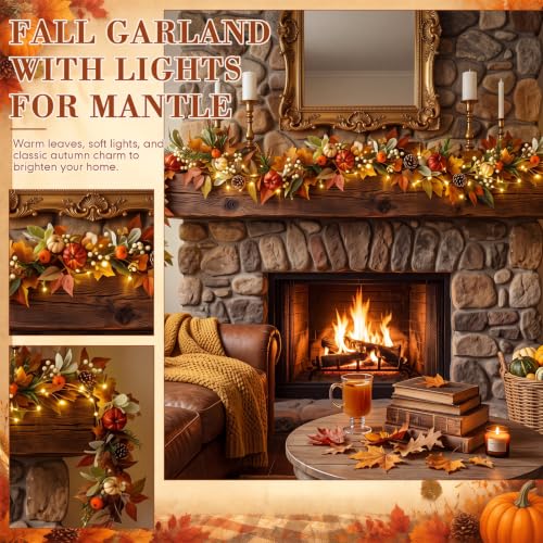 Elegant 6ft Fall Garland for Mantle with Lights - Autumn Decor