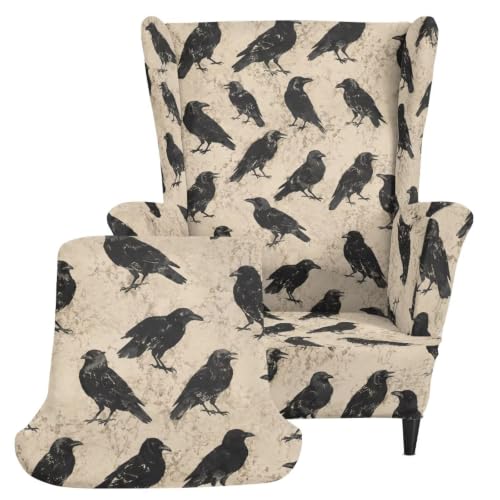 Raven Crow Wingback Chair Cover 2-Piece Stretchable Slipcover for Armchair - Fipuivrn