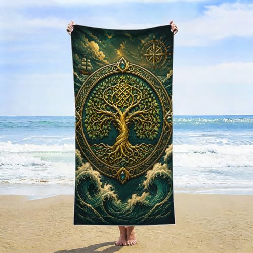 Nordic Viking Waves Tree of Life Beach Towel 36x72 Inches Large Absorbent Quick Dry