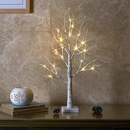 Lighted Birch Tree Christmas Decorations - 2FT Mini LED Tree with Timer, Indoor Table Centerpiece