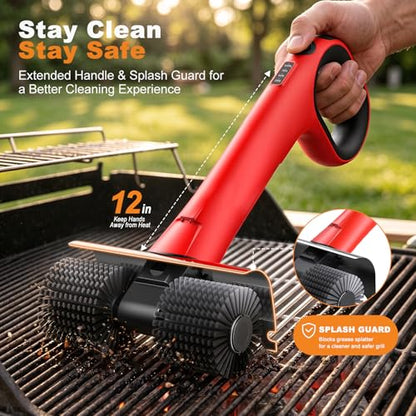 Electric Grill Brush for Outdoor Grills - Red Cordless BBQ Cleaner with Dual Rotating Heads, 450 RPM Motor, 6-Piece Replacement Set